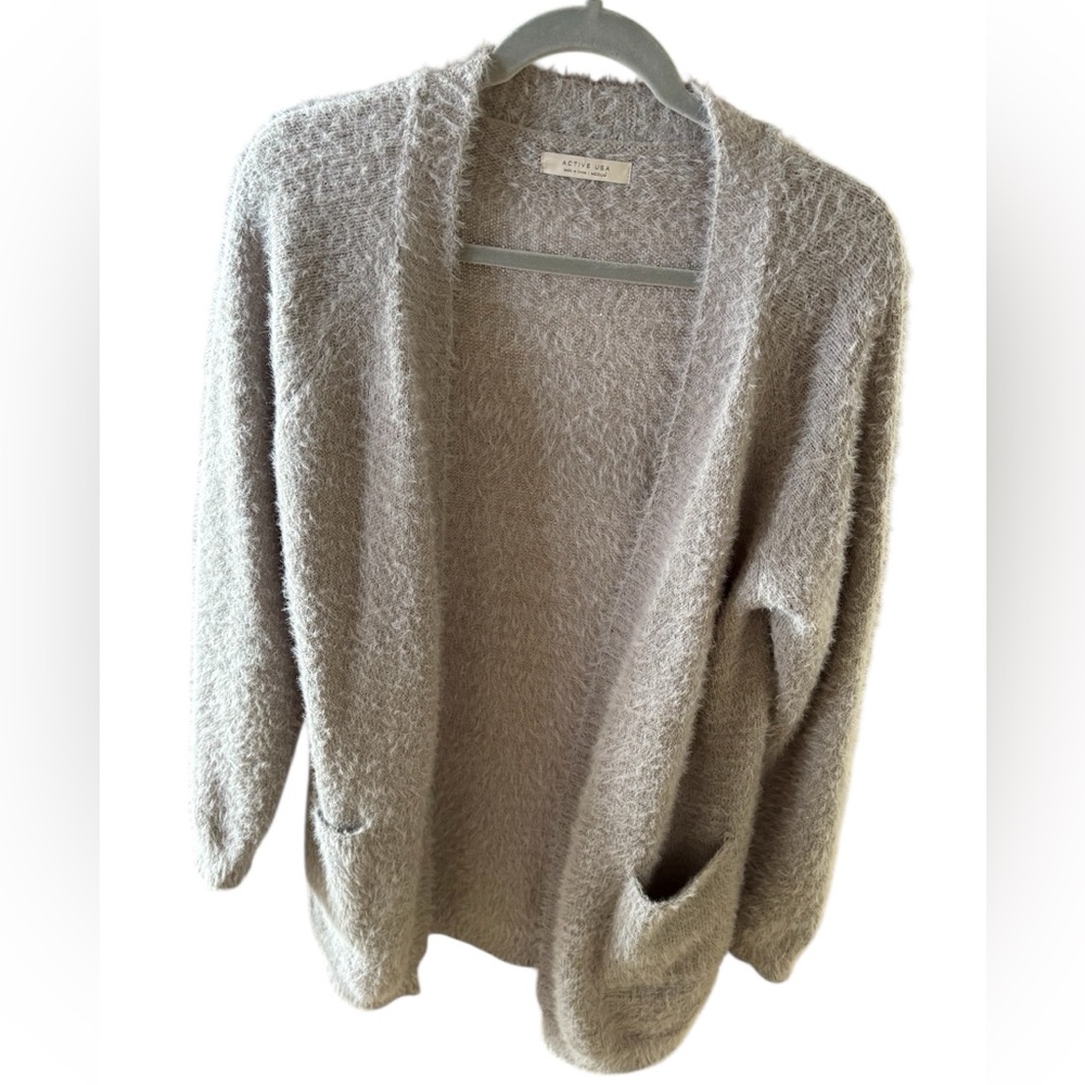 Active USA Gray Open-Front Fuzzy Cardigan Sweater l M
